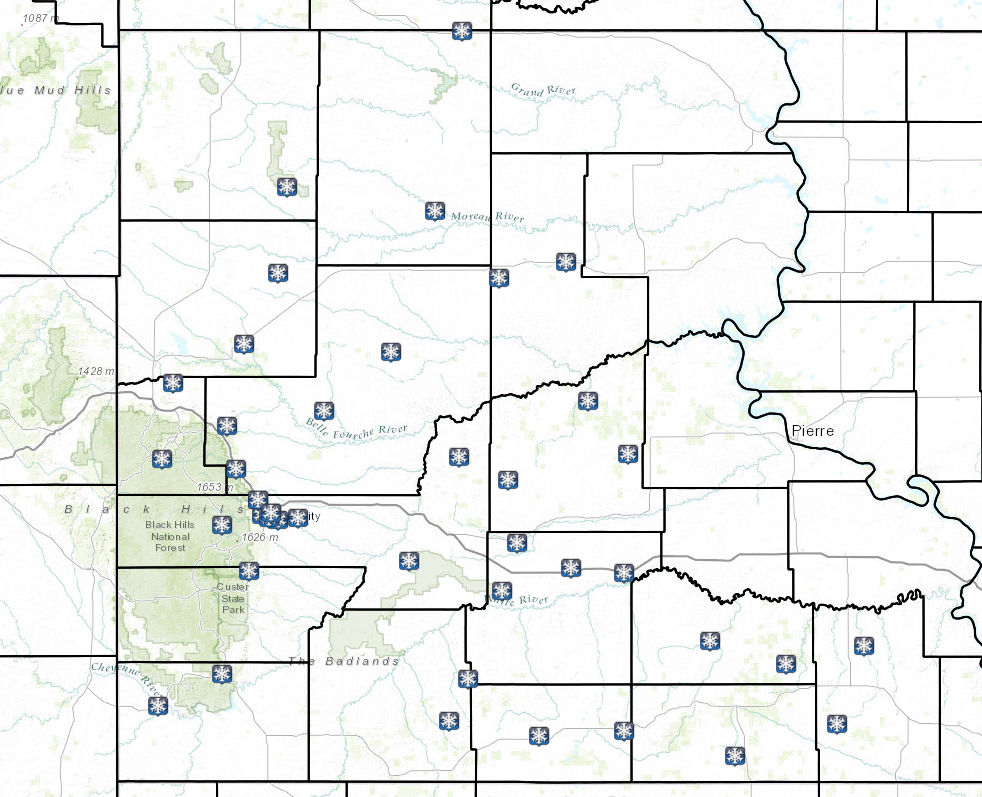 Received snowfall reports across Western South Dakota