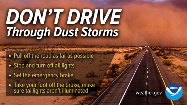 Don't drive through dust storms. Pull off the road as far as possible. Stop and turn off all lights. Set the emergency brake. Take your foot off the brake, make sure taillights aren't illuminated. Background image: A road through a desert. On the horizon are large dense dust clouds with dark storm clouds above, giving the lighting a reddish hue.