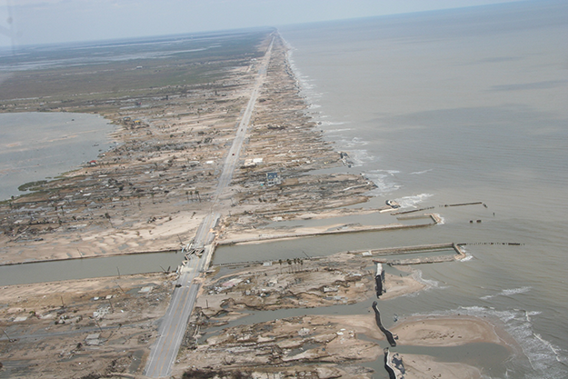 a photo of a coastline damaged by storm surge
