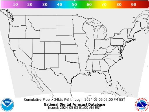 US 72 Hour Wind Speeds Greater Than 34 Knots Probability Forecast