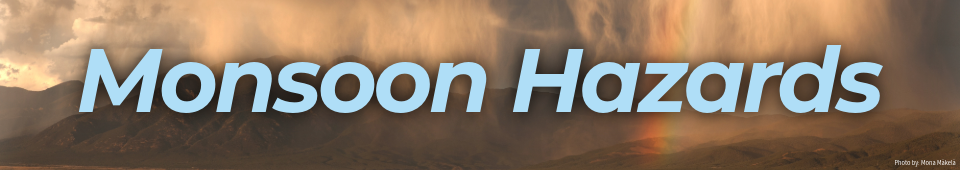 Monsoon Awareness Header - An image of a monsoon thunderstorm with partial rainbow is seen over the north central mountains of New Mexico.
