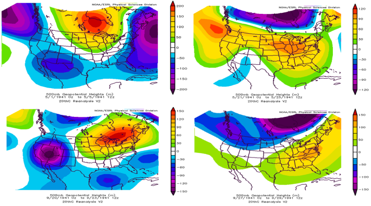 500mb geopotential heights for 4 wet events in May and September 1941