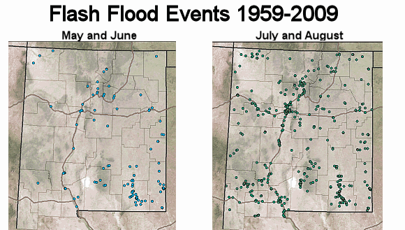 A plot of all flash flood events across New Mexico in May and June (left image) and in July and August (right image) from 1959 through 2010