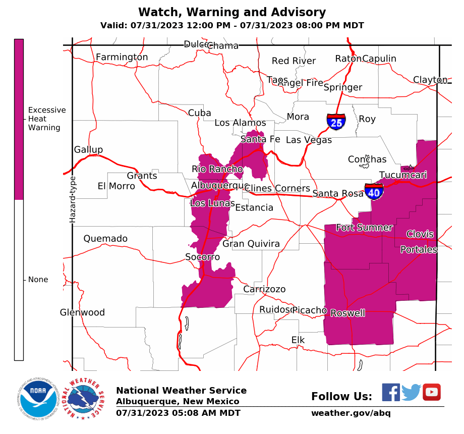 A map of northern and central New Mexico with select areas highlighted to indicate a hypothetical Excessive Heat Warning in effect.