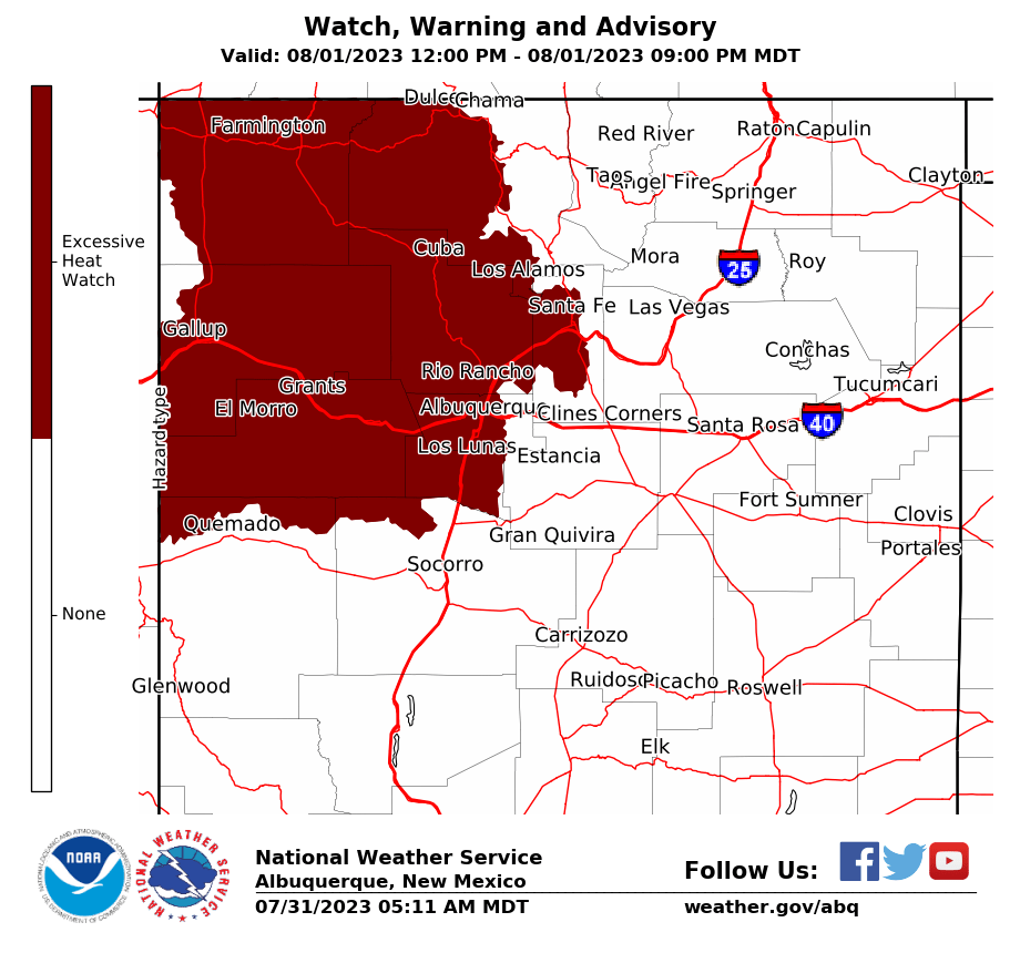 A map of northern and central New Mexico with certain areas highlighted to indicate a hypothetical Heat Advisory in effect.