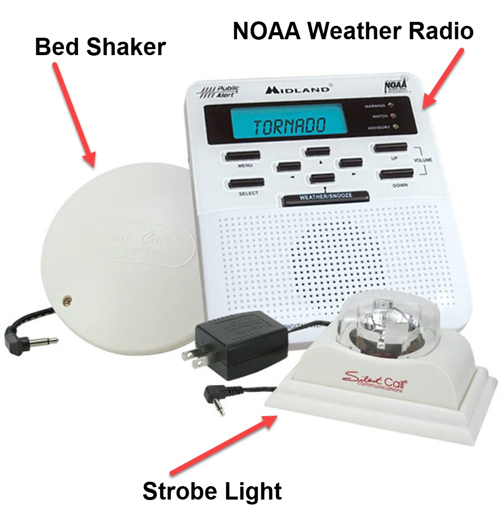 NOAA Weather Radio with bed shaker and strobe light attachments