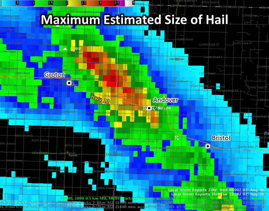 MRMS estimate of the maximum hail size from the Groton to Andover area. Â Estimates indicate that hail over 3" in diameter fell to the north of Highway 12.