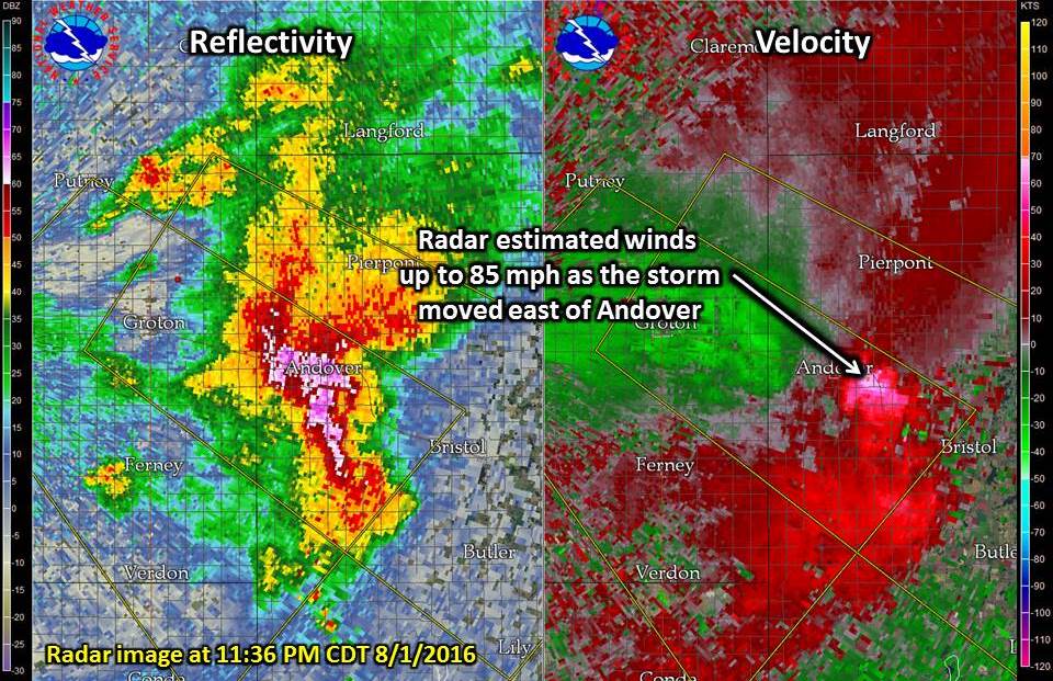 Radar Image as the storm moved east of Andover around 11:36 PM