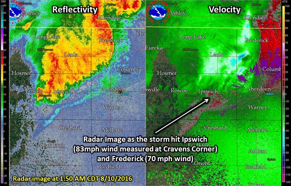 Radar image of the storm as it moved through Ipswich (83 mph wind measured) and Frederick (70 mph).