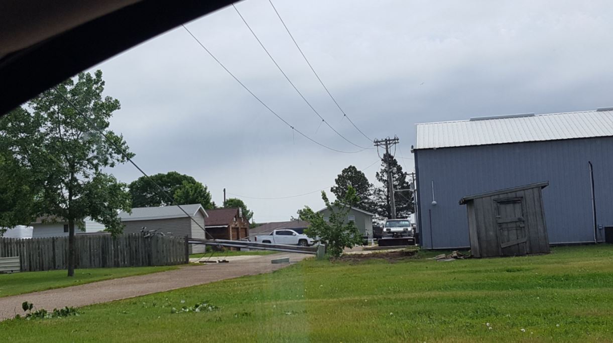 Power pole snapped in Watertown, SD (Tanner Butler - Twitter)
