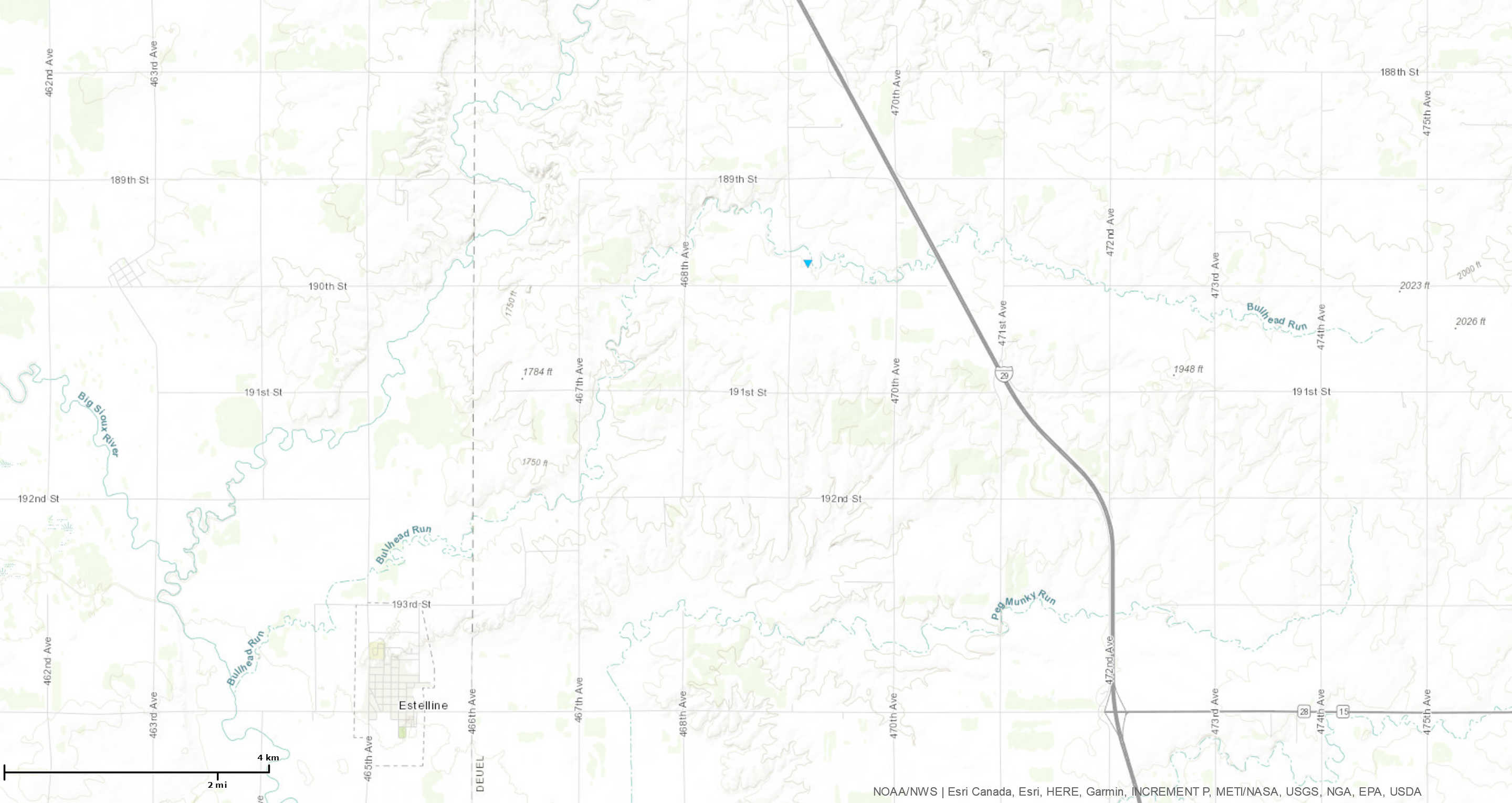 The location of the tornado damage to the northeast of Estelline. 