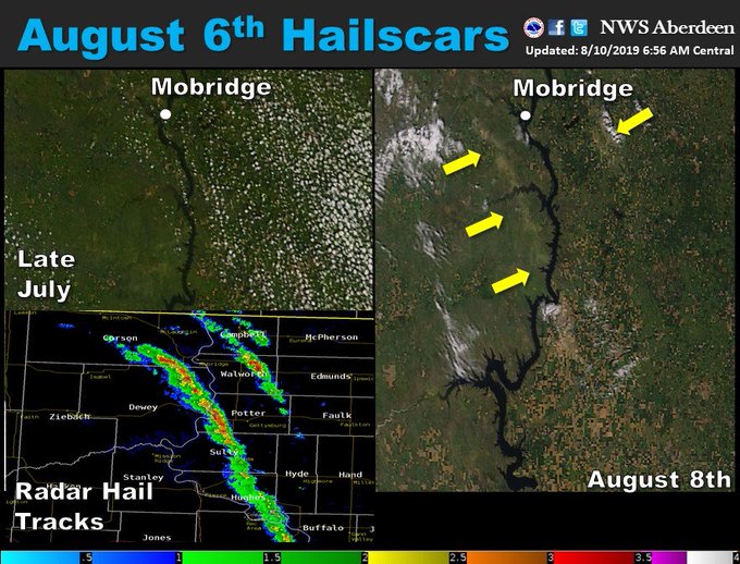 Map showing the areas that saw near severe or severe hail across central South Dakota.