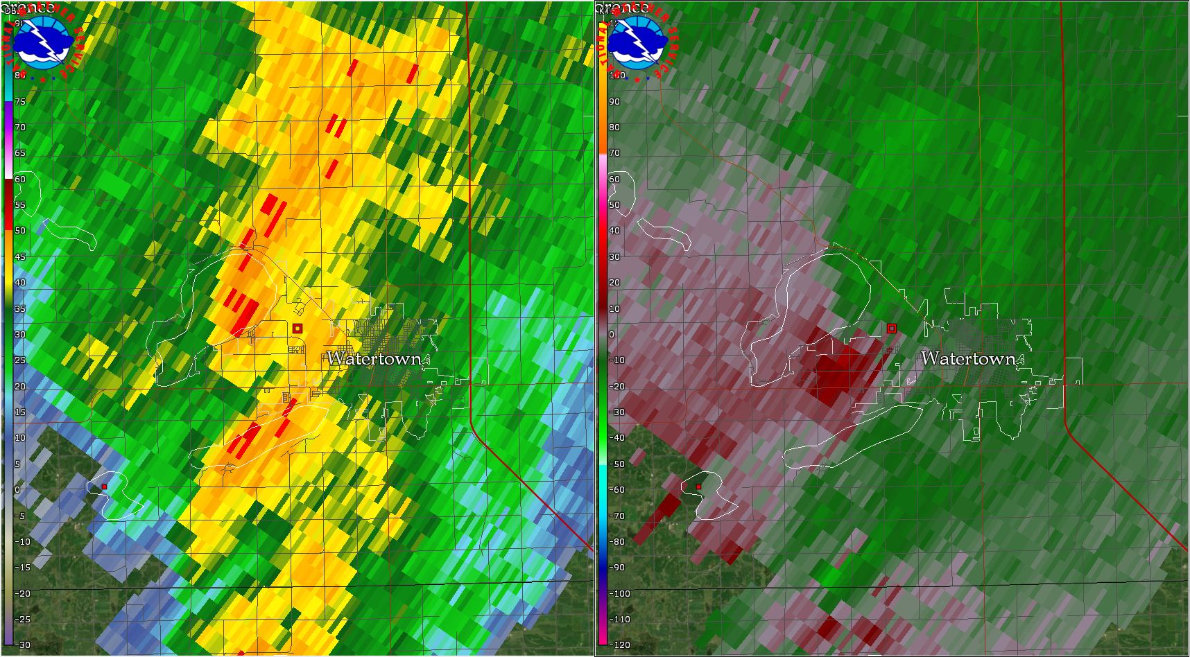 KABR radar imagery at 3:31 PM CDT shortly before the tornado occurred
