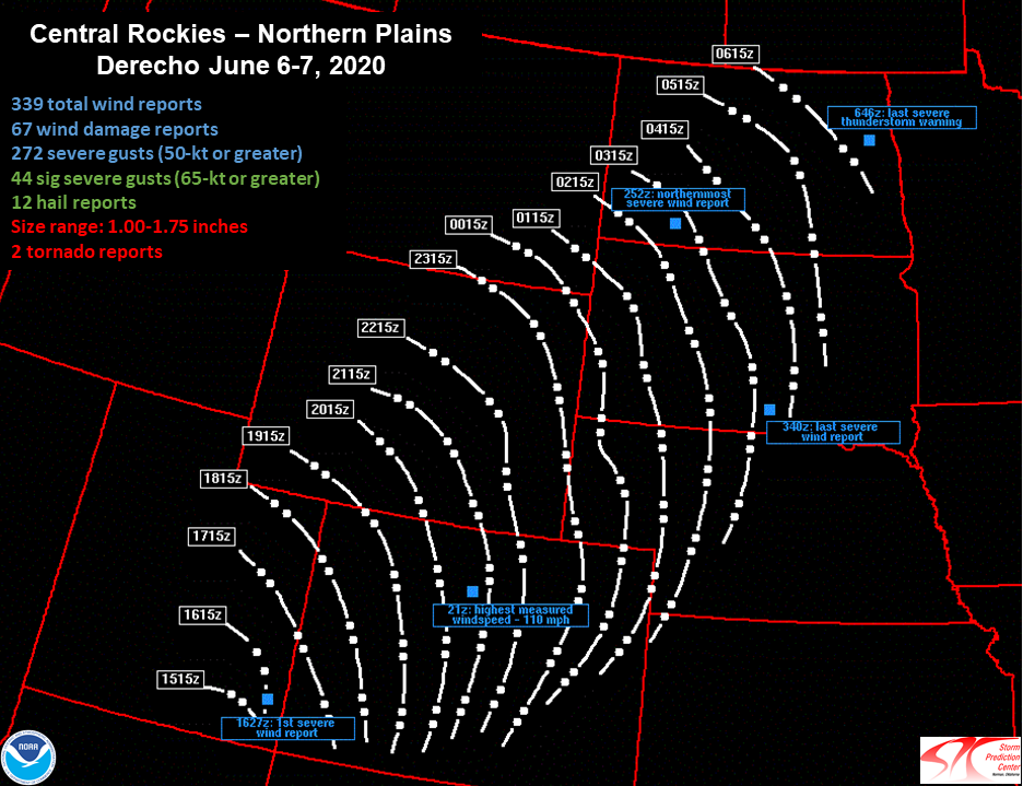 Map of the Derecho movement from Utah to North Dakota