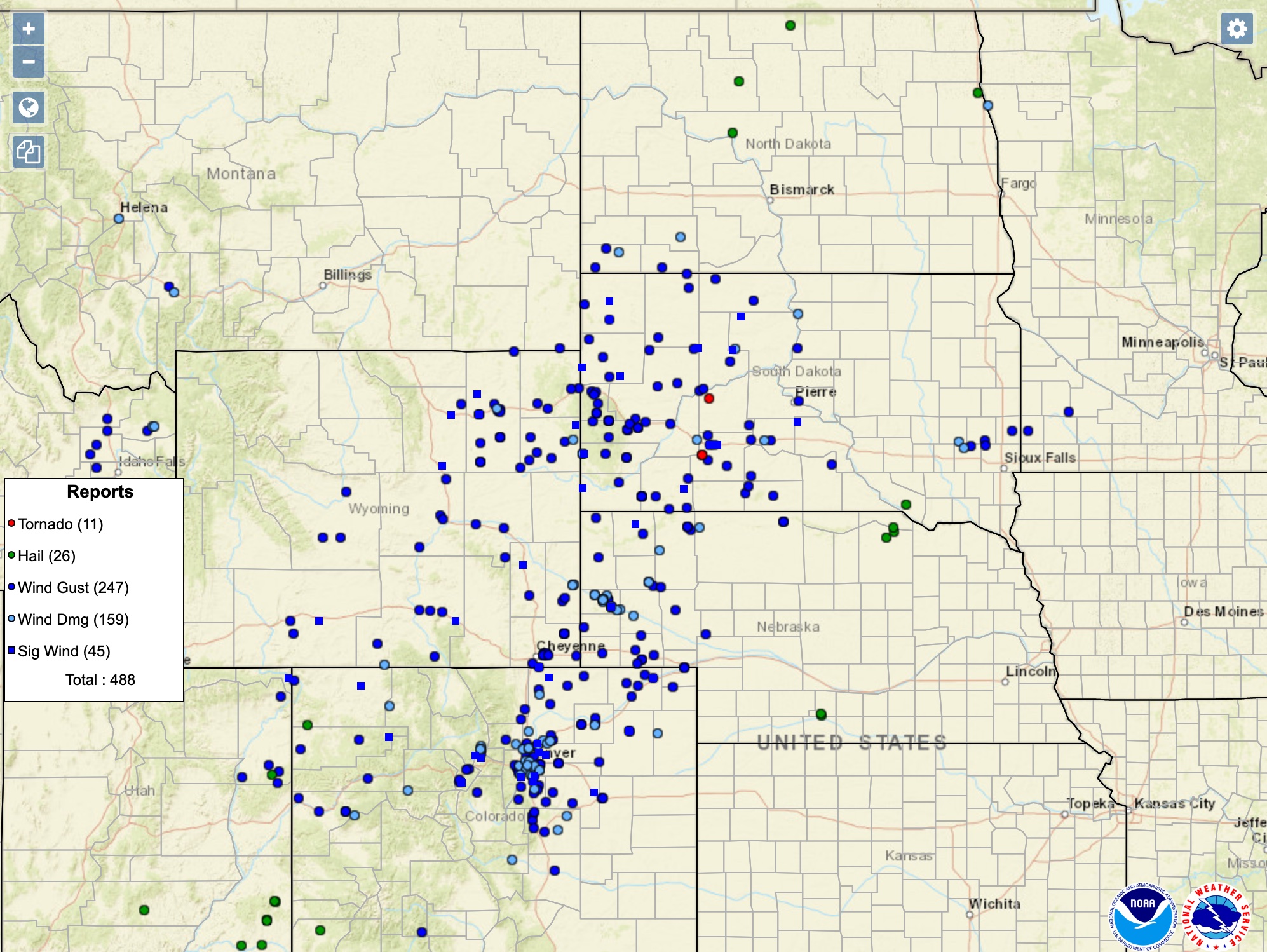 Regional view of the storm reports from the June 6th event