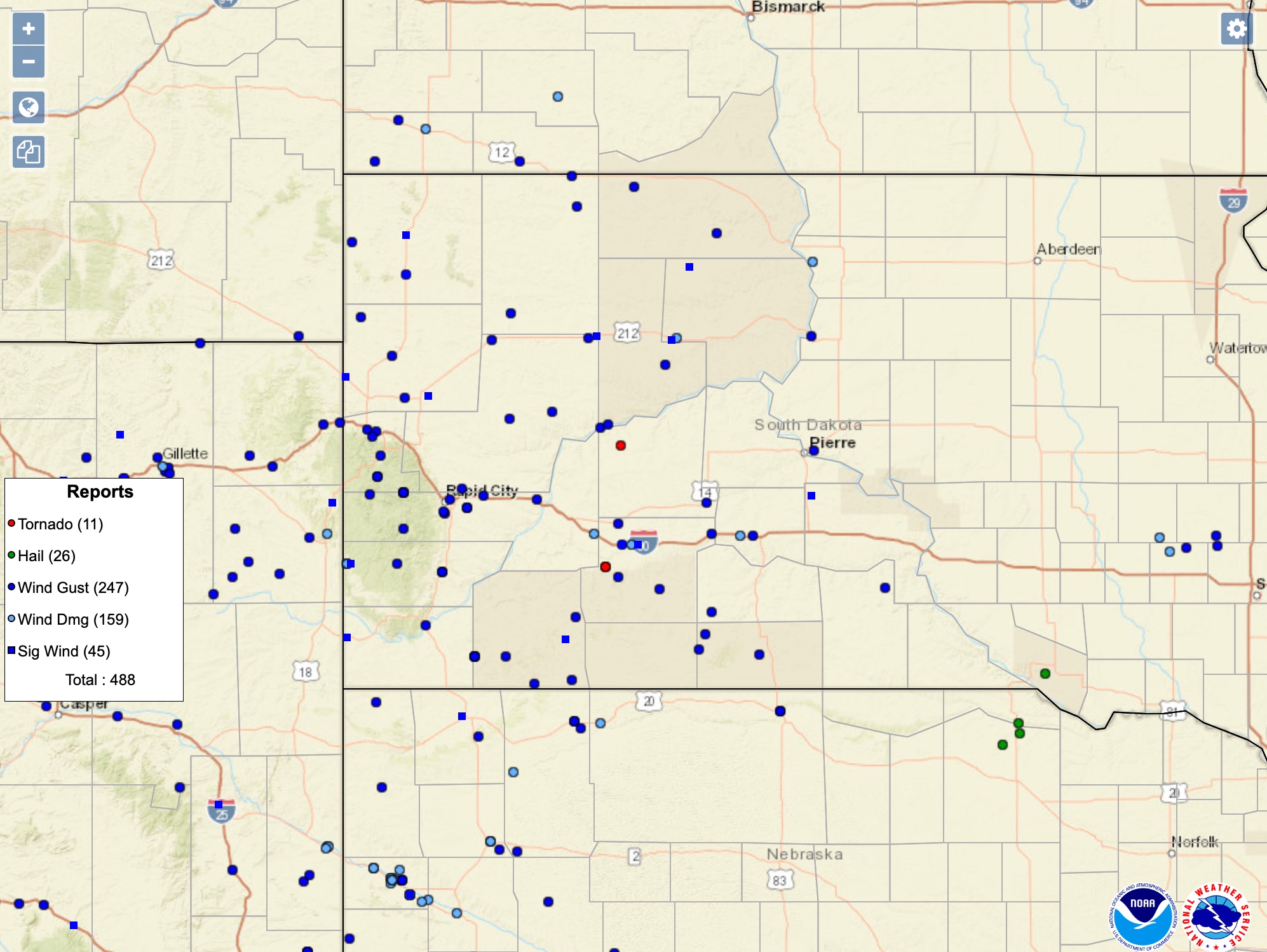 View of the June 6, 2020 storm reports over western South Dakota