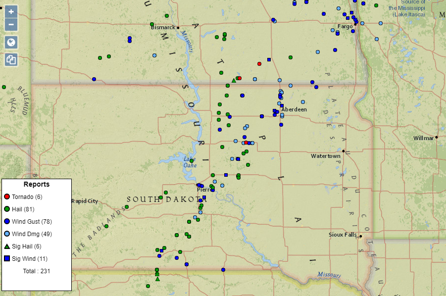 View of the June 7, 2020 storm reports over South Dakota