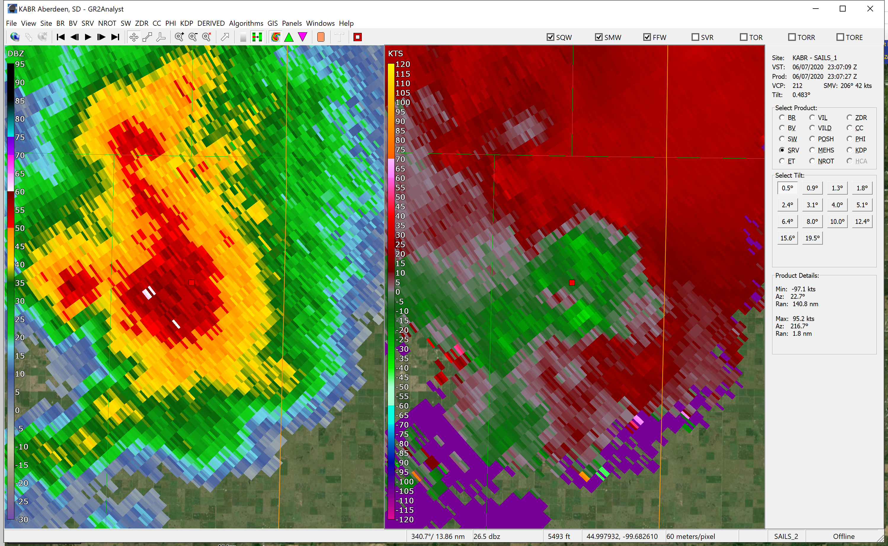 View of the June 7, 2020 storm reports over South Dakota