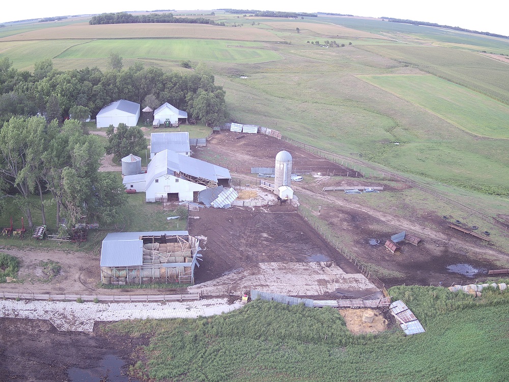 Tornado tracks in bean field on northeast side of Redfield and looking north. Tornado #1 is on the right and tornado #2 is on the left. (Photo by Steve Fleegel)