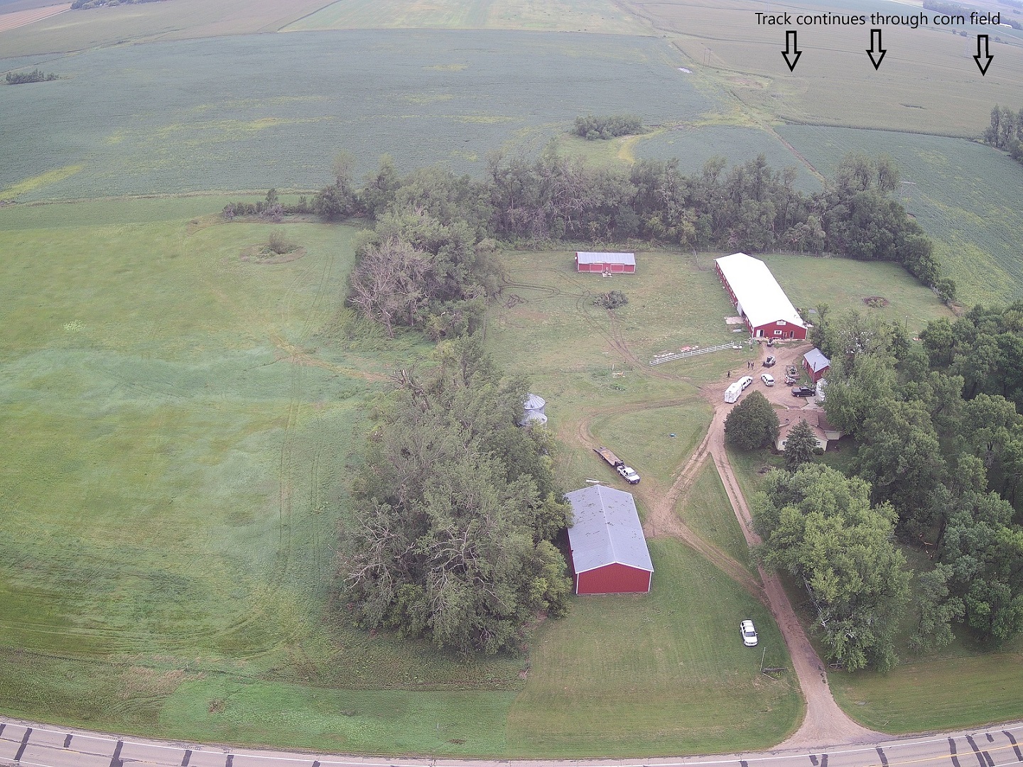 Tornado tracks in bean field on northeast side of Redfield and looking north. Tornado #1 is on the right and tornado #2 is on the left. (Photo by Steve Fleegel)