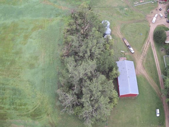 Tornado tracks in bean field on northeast side of Redfield and looking north. Tornado #1 is on the right and tornado #2 is on the left. (Photo by Steve Fleegel)