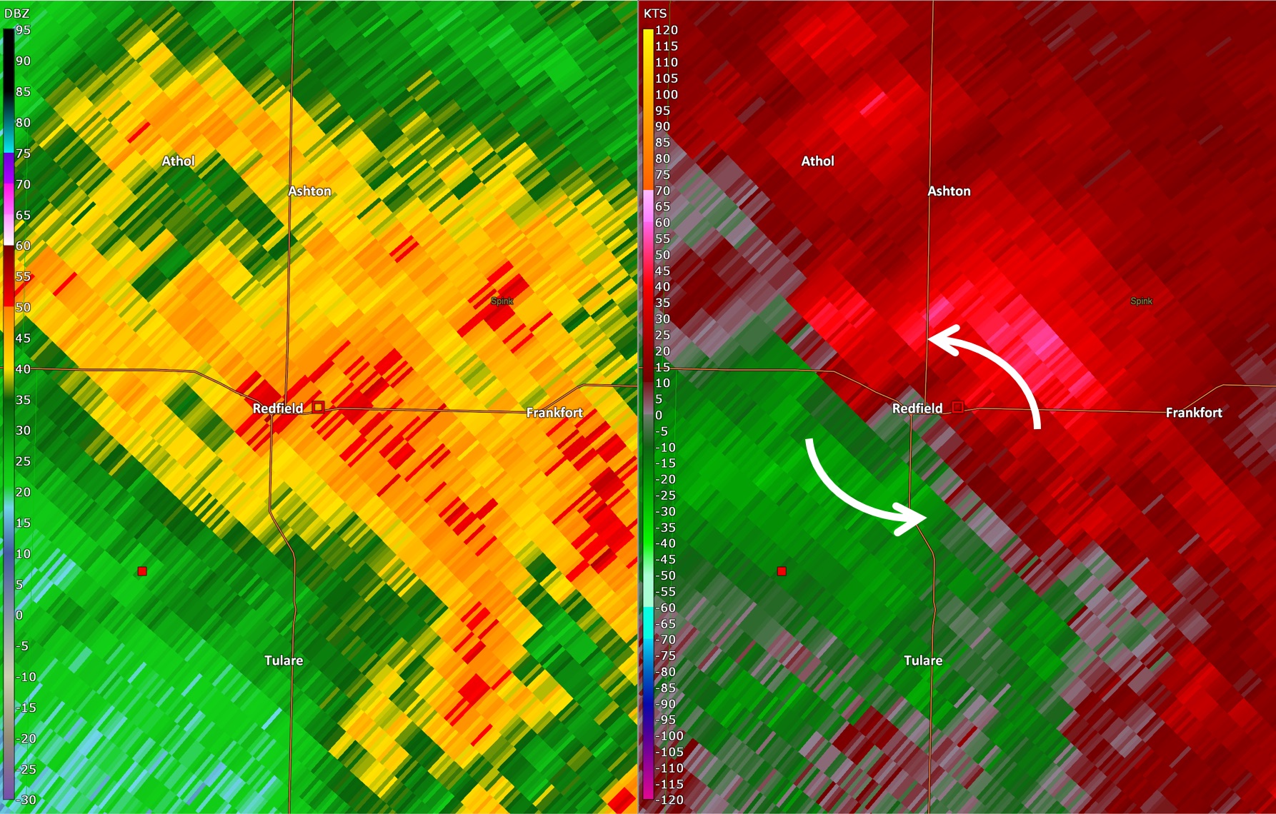 Radar image from the Sioux Falls radar showing a rotating thunderstorm moving through Redfield, SD