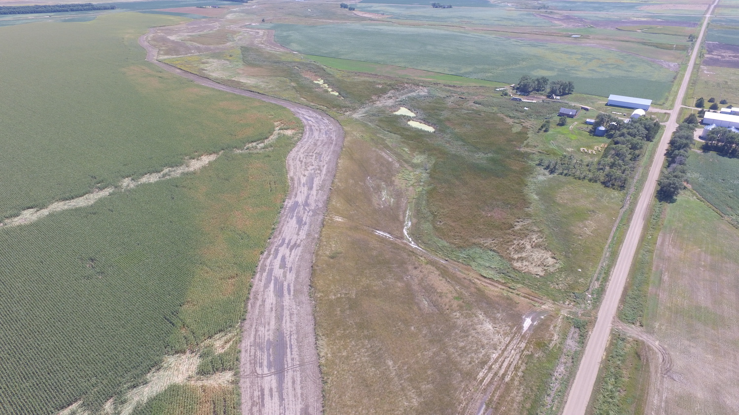 Tornado tracks in corn field on northeast side of Redfield and looking southeast. Tornado #1 is farther away and tornado #2 is on the bottom. (Photo by Steve Fleegel)