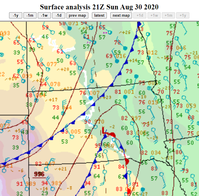 Surface weather chart at 4pm on August 30, 2020.  The cold front in western and northern South Dakota was moving southeast across the state.
