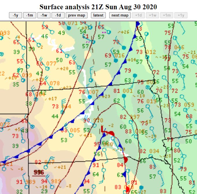 Surface weather chart at 4pm on August 30, 2020.Â  The cold front in western and northern South Dakota was moving southeast across the state.