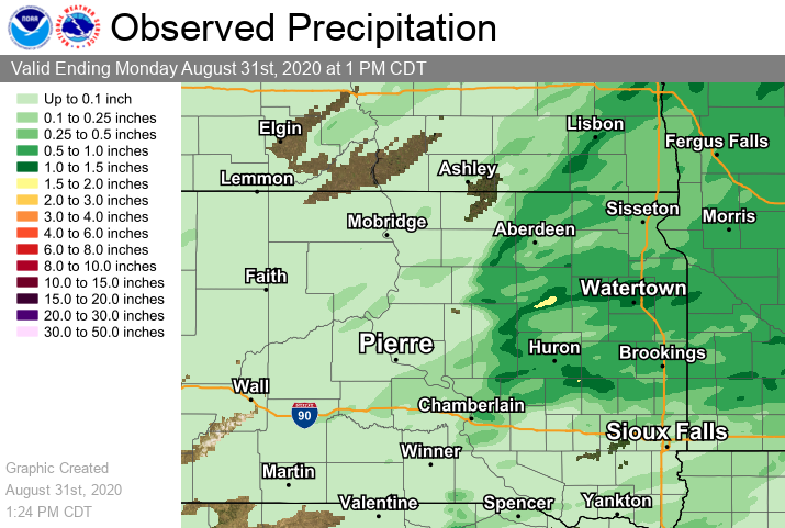 24 hour Rainfall, ending at 1pm on August 31, 2020