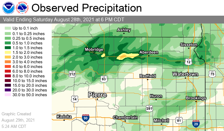 24 Hour Precipitation Amounts, Ending at 6pm on August 28th, 2021