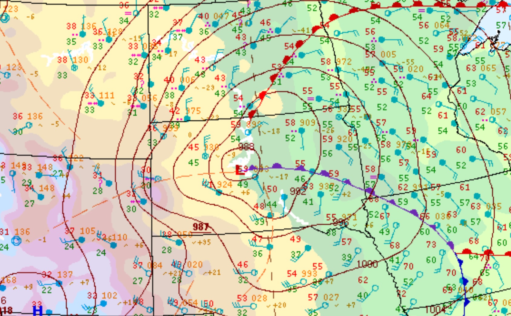 Surface observations at 1pm, 10-13-2021