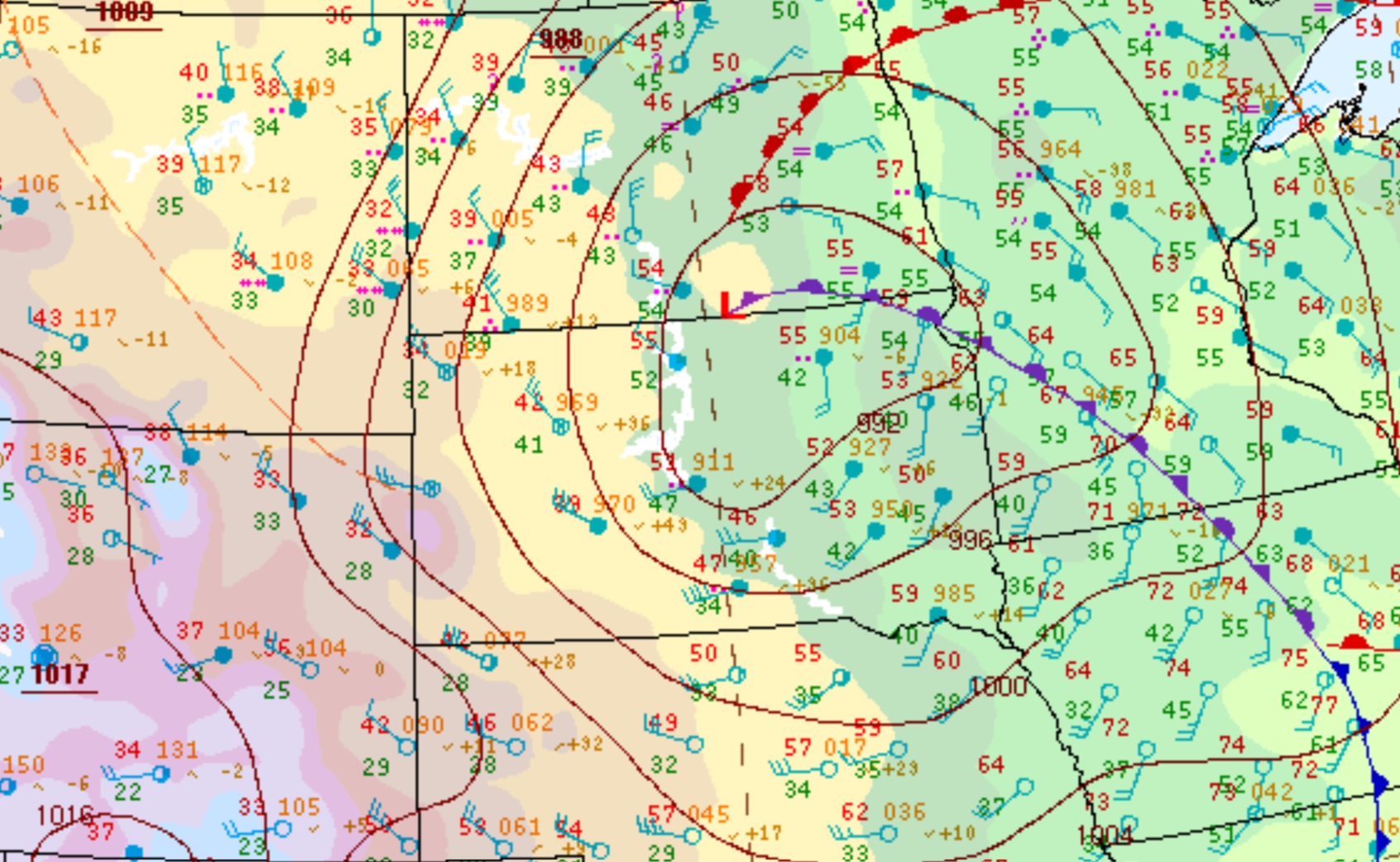Surface observations at 4pm, 10-13-2021