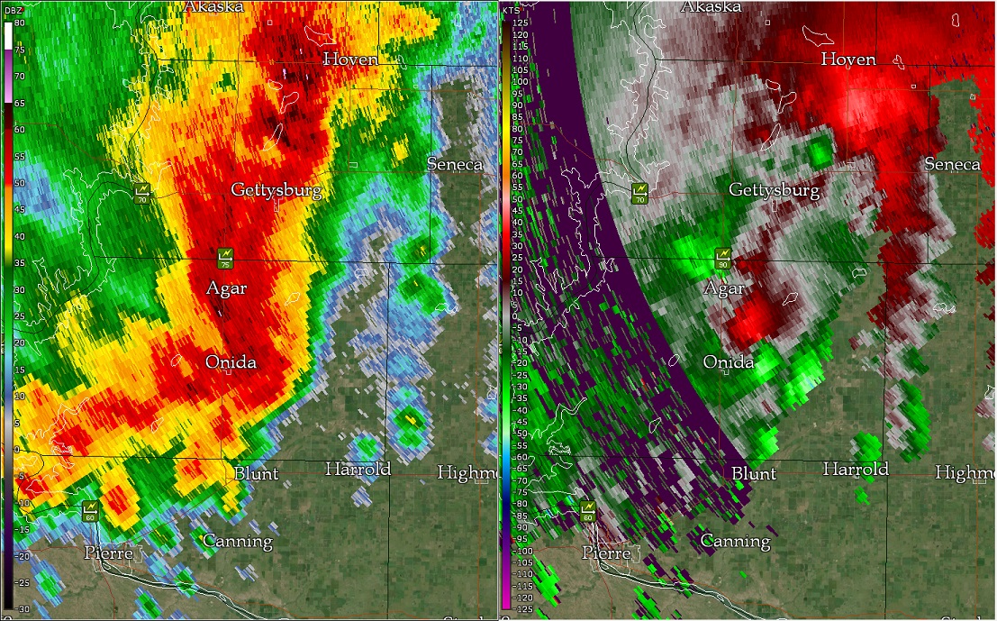 Radar Image of the storm as it was producing a 91 mph wind gust to the north of Agar, SD.  The left panel is the radar reflectivity and the right panel is the velocity. 