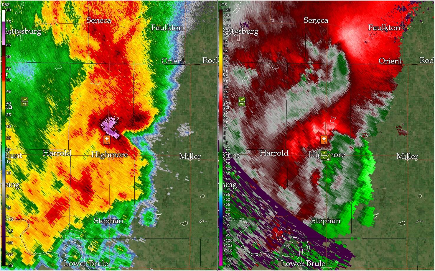 Radar Image as the storm was moving through Highmore. A 78 mph wind gusts was reported via the SD Mesonet and a roof was blown off a home. 