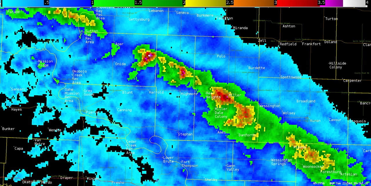 MRMS Maximum Estimated Hail Size - Zoomed in on Hand and Hyde Counties in South Dakota