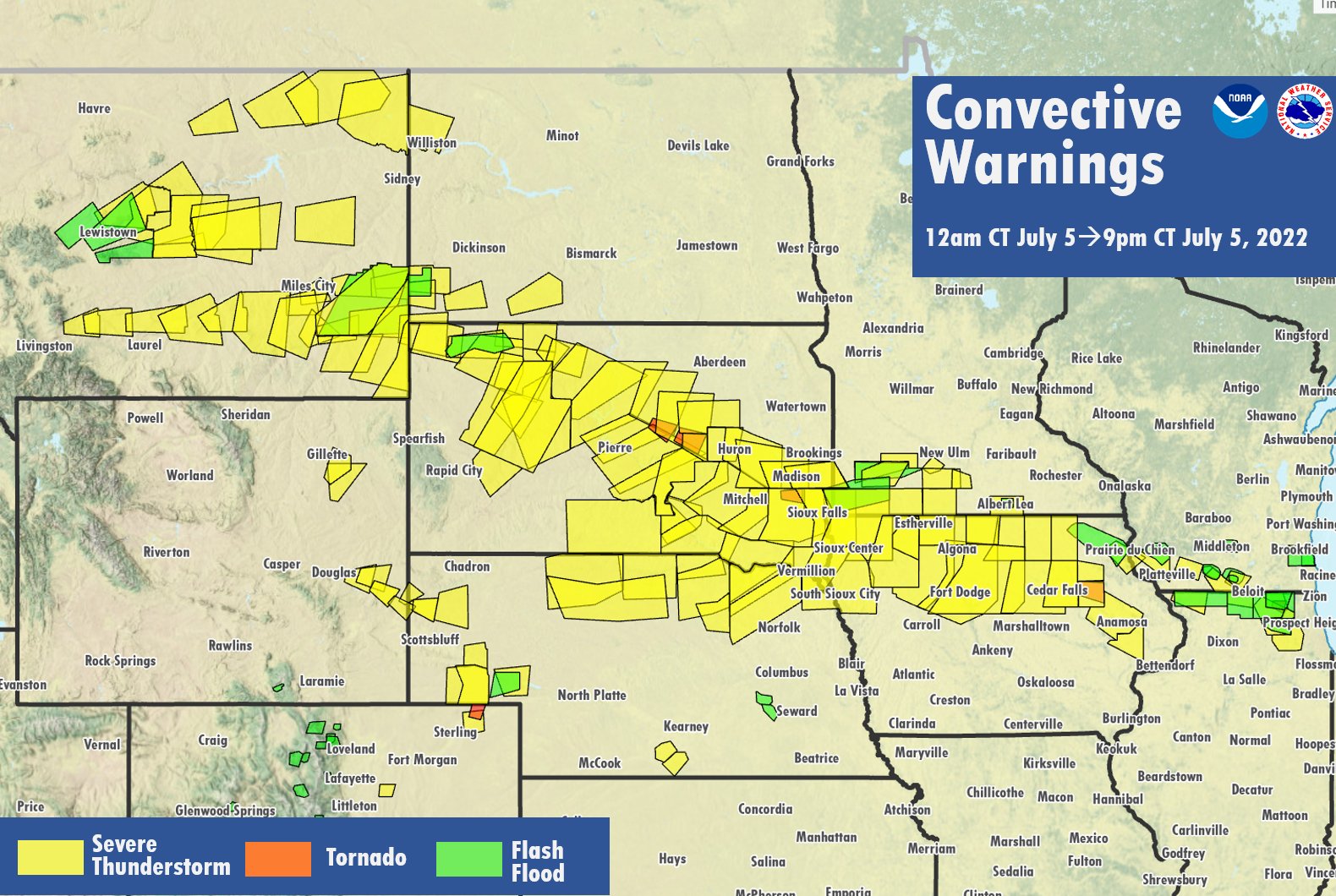 Convective Warnings that were issued during the event - Image created by NWS Sioux Falls, SD