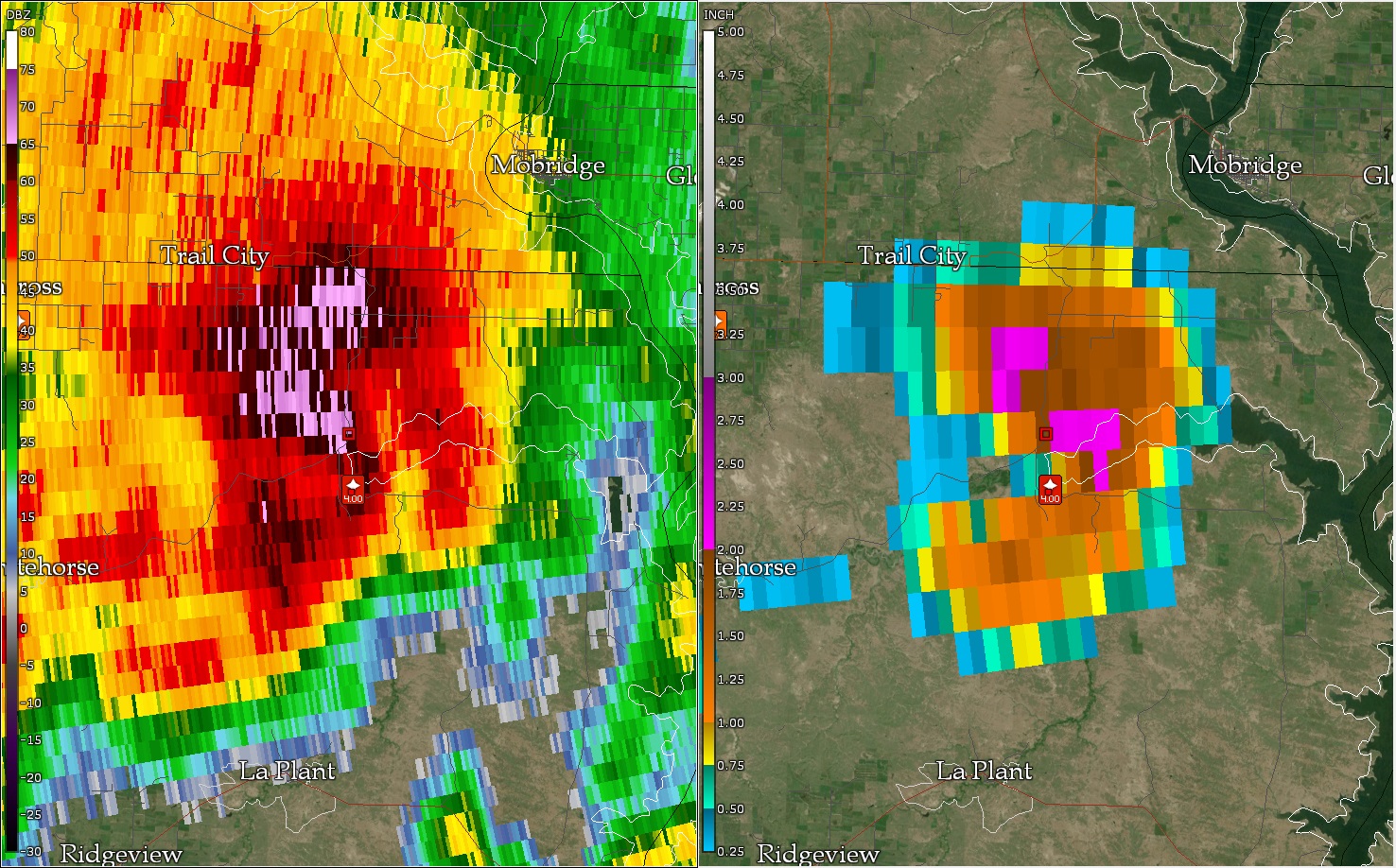 Radar Image of the storm as it was producing 4" hail in Promise, SD. 