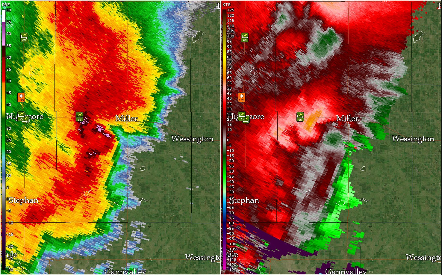 12:39 PM CDT radar Image as the storm was approaching Miller, SD.  The storm produced 87 mph winds in Ree Heights and tree damage through Miller, SD. Reflectivity is in the left panel and velocity in the right. 
