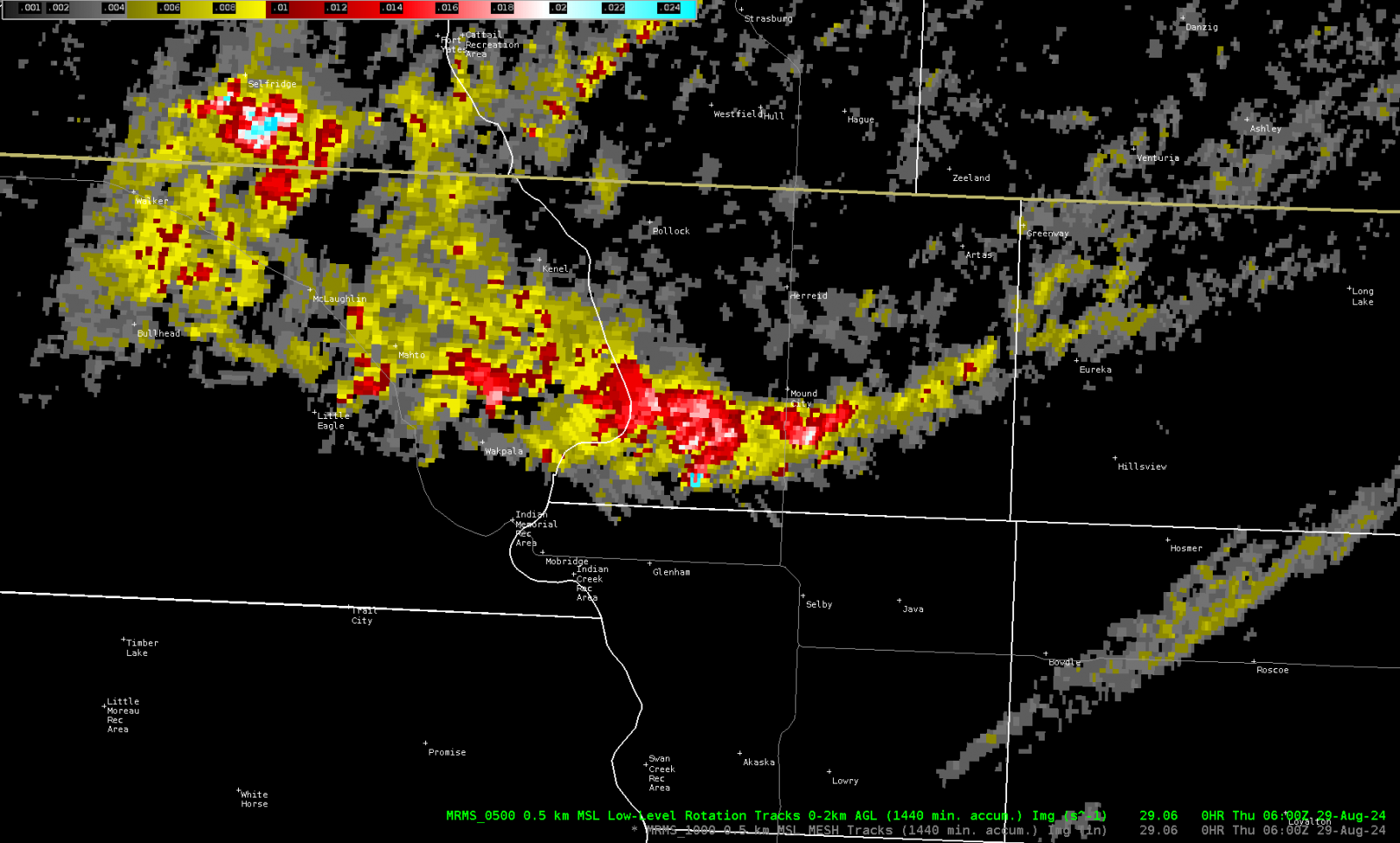 MRMS Low Level Rotation Tracks over north central South Dakota. 