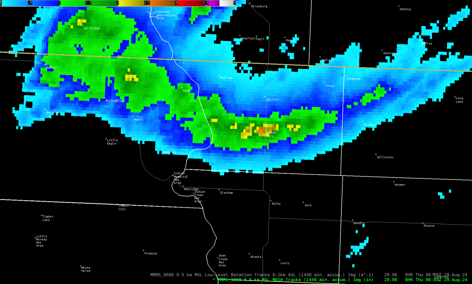 MRMS Maximum Estimated Hail Size over north central South Dakota. 