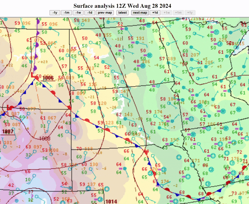 A loop of the surface analysis from 7am CDT on August 28, 2024 to 7am CDT August 29, 2024.