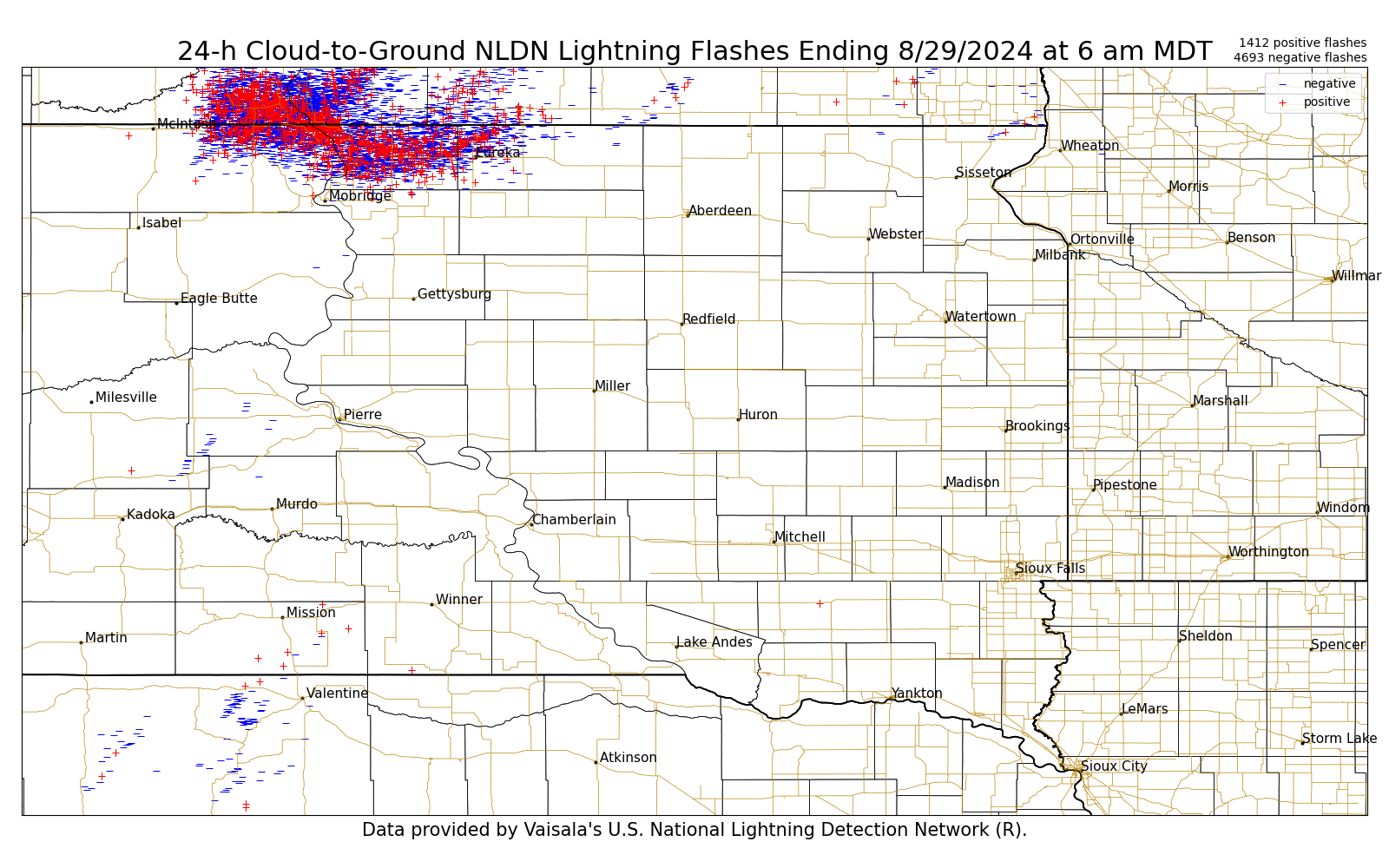 Cloud to Ground lightning strikes over the 24 hour period ending at 7am on August 29, 2024.