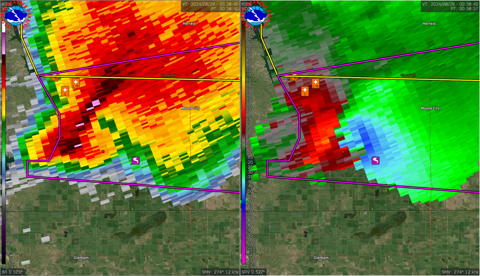 Radar image from the Bismarck, ND radar at 7:58pm on 8/28/2024. 