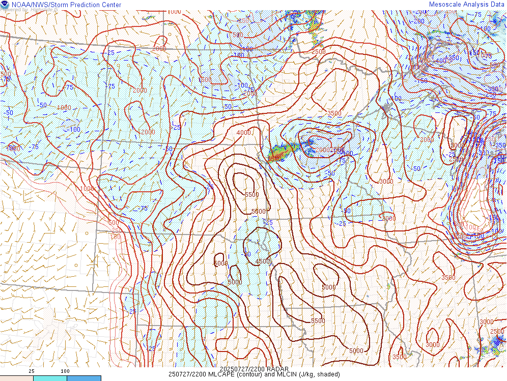 MLCAPE - 5 pm CDT - July 27th  SPC's Mesoanalysis Graphic