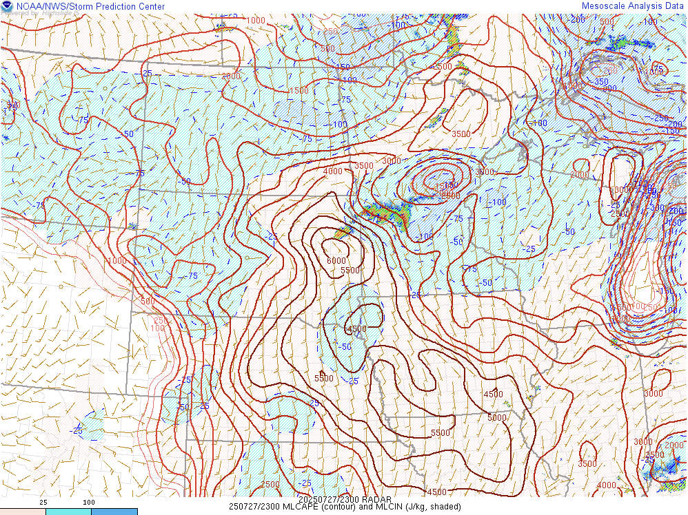 MLCAPE - 6 pm CDT - July 27th  SPC's Mesoanalysis Graphic