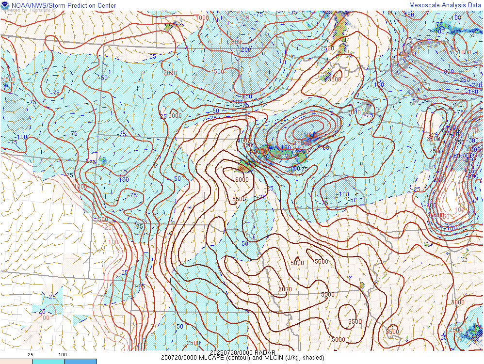 MLCAPE - 7 pm CDT - July 27th  SPC's Mesoanalysis Graphic