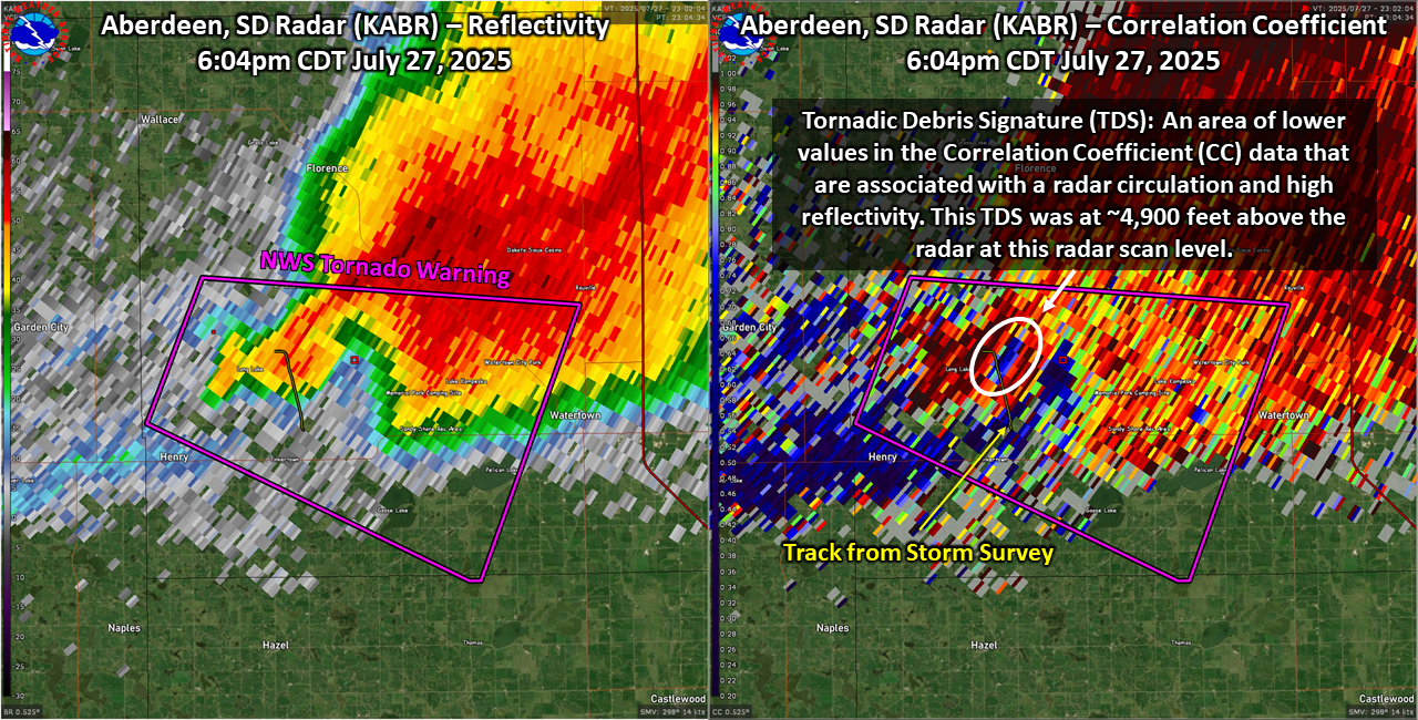 Radar reflectivity and Correlation Coefficient data showing the tornado debris ball at the peak of the tornado at 6:04 pm cdt. 