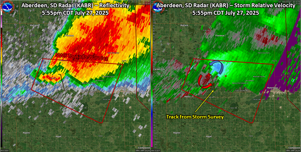Radar reflectivity and storm relative velocity from 5:55pm cdt at the start of the tornado.