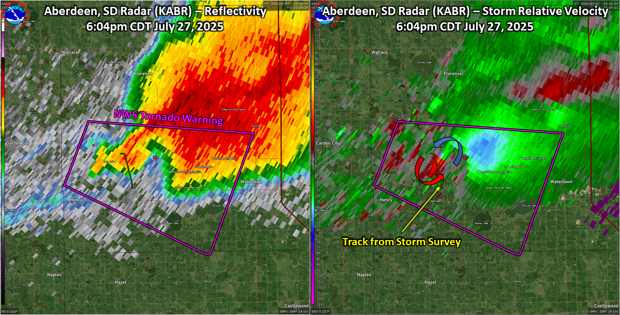 Radar reflectivity and storm relative velocity at the peak of the tornado at 6:04 pm cdt. 
